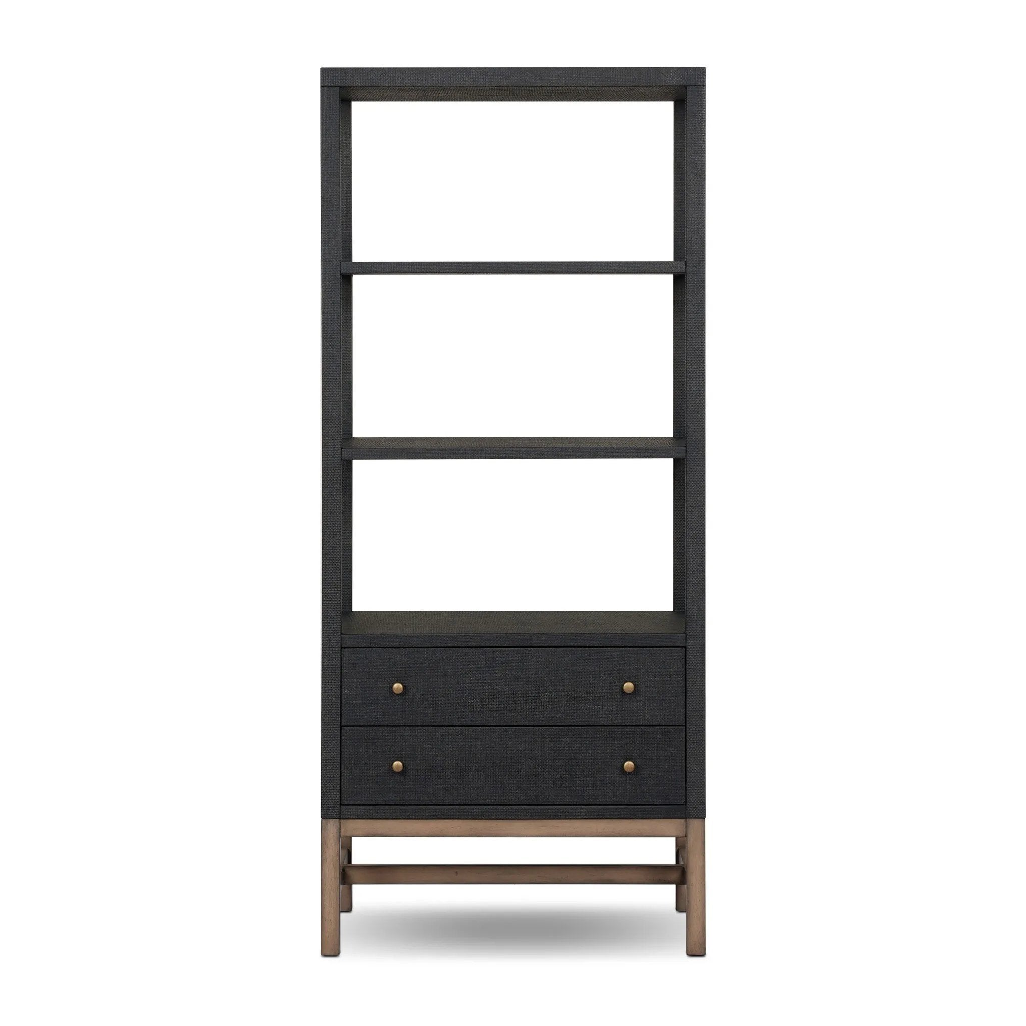 Woven black raffia drawers offer closed storage and a texture-driven take on book shelving. Antique brass-finished hardware adds a touch of vintage detailing, all framed within solid mahogany Amethyst Home provides interior design, new home construction design consulting, vintage area rugs, and lighting in the Monterey metro area.