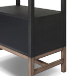 Woven black raffia drawers offer closed storage and a texture-driven take on book shelving. Antique brass-finished hardware adds a touch of vintage detailing, all framed within solid mahogany Amethyst Home provides interior design, new home construction design consulting, vintage area rugs, and lighting in the Nashville metro area.