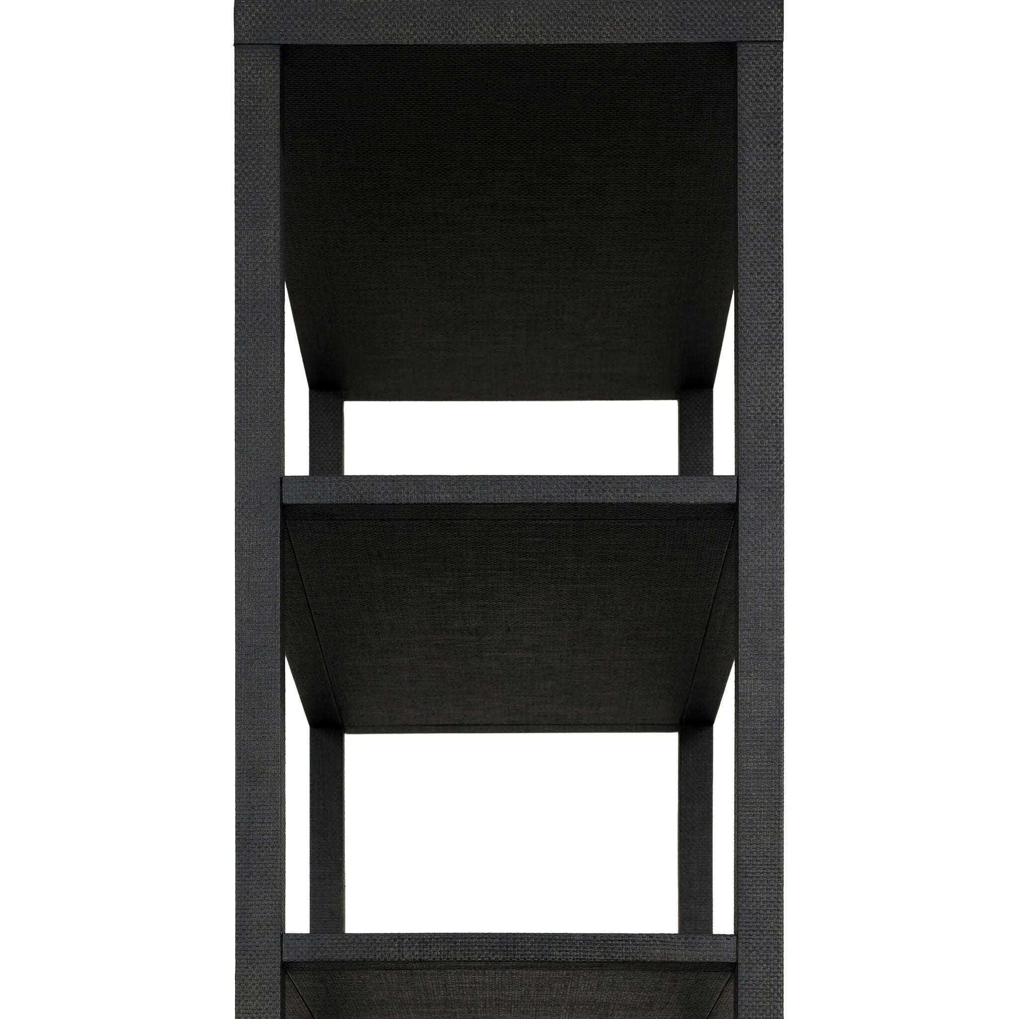 Woven black raffia drawers offer closed storage and a texture-driven take on book shelving. Antique brass-finished hardware adds a touch of vintage detailing, all framed within solid mahogany Amethyst Home provides interior design, new home construction design consulting, vintage area rugs, and lighting in the Newport Beach metro area.