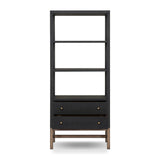 Woven black raffia drawers offer closed storage and a texture-driven take on book shelving. Antique brass-finished hardware adds a touch of vintage detailing, all framed within solid mahogany Amethyst Home provides interior design, new home construction design consulting, vintage area rugs, and lighting in the Omaha metro area.