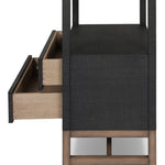 Woven black raffia drawers offer closed storage and a texture-driven take on book shelving. Antique brass-finished hardware adds a touch of vintage detailing, all framed within solid mahogany Amethyst Home provides interior design, new home construction design consulting, vintage area rugs, and lighting in the San Diego metro area.