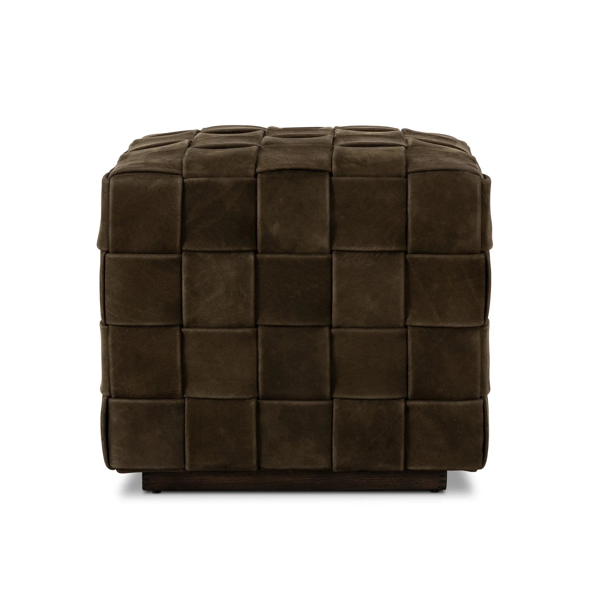 Soft, specialized top-grain leather is hand-woven, crafting a look of a treasured vintage find. Use as bonus seating or style with a tray for an extra surface Amethyst Home provides interior design, new home construction design consulting, vintage area rugs, and lighting in the Charlotte metro area.