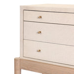 A soft statement console table with ample storage, inspired by a dresser silhouette. The elevated case is wrapped in painted linen and sits atop an oak base for a light and airy look Amethyst Home provides interior design, new home construction design consulting, vintage area rugs, and lighting in the Kansas City metro area.