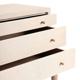 A soft statement console table with ample storage, inspired by a dresser silhouette. The elevated case is wrapped in painted linen and sits atop an oak base for a light and airy look Amethyst Home provides interior design, new home construction design consulting, vintage area rugs, and lighting in the Monterey metro area.