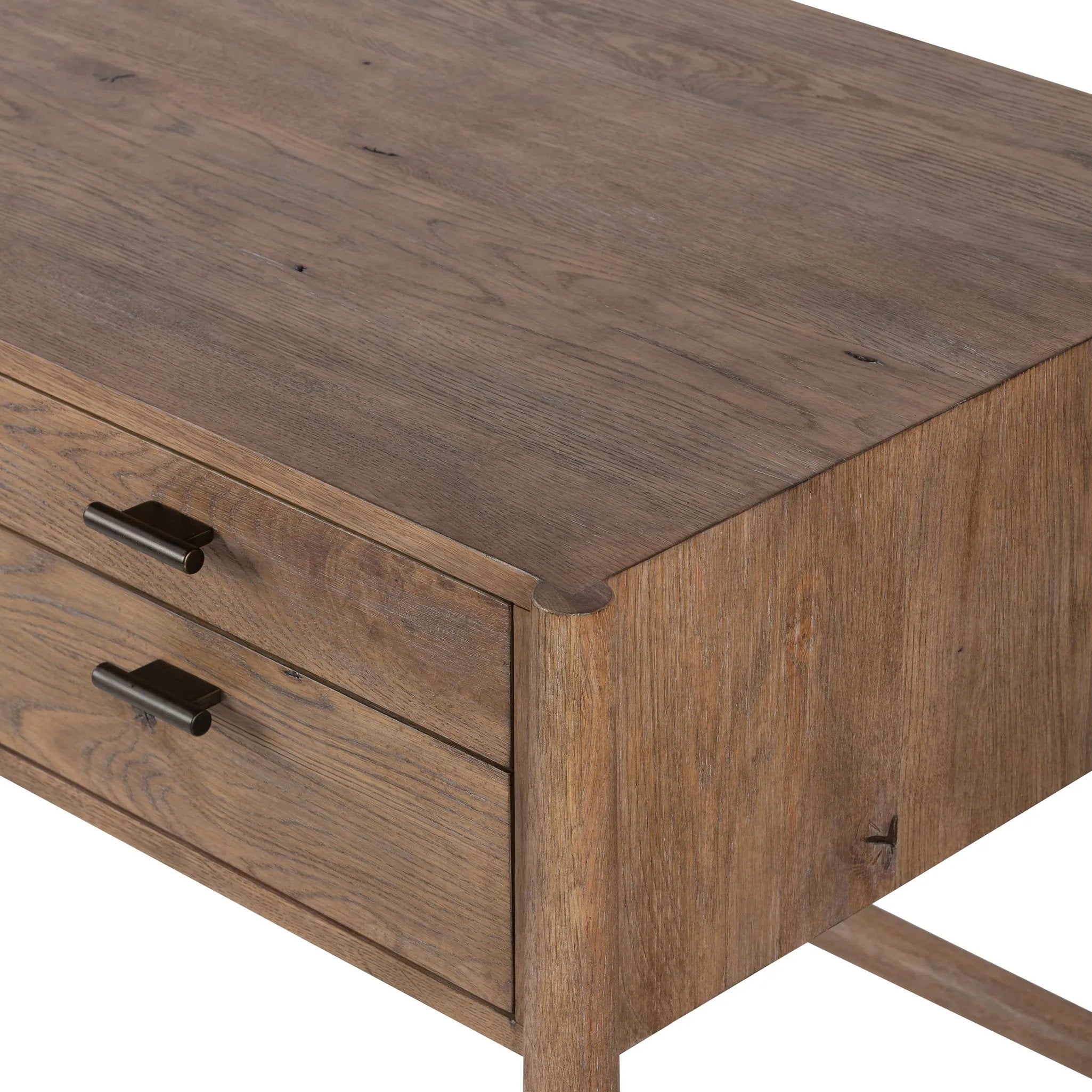 Featuring Glenview Weathered Oak Veneer Desk by Four Hands at Amethyst Home. Traditional, reimagined. Made from rustic weathered oak, this desk brings generous storage space to the office. Simple hardware is finished in an aged bronze.Overall Dimensions: 67.50"w x 27.50"d x 31.00"hWeight : 148.37 lbsMaterials: Thick Oak Veneer, Solid Oak. Amethyst Home provides interior design, new home construction design consulting, vintage area rugs, and lighting in the Austin metro area.