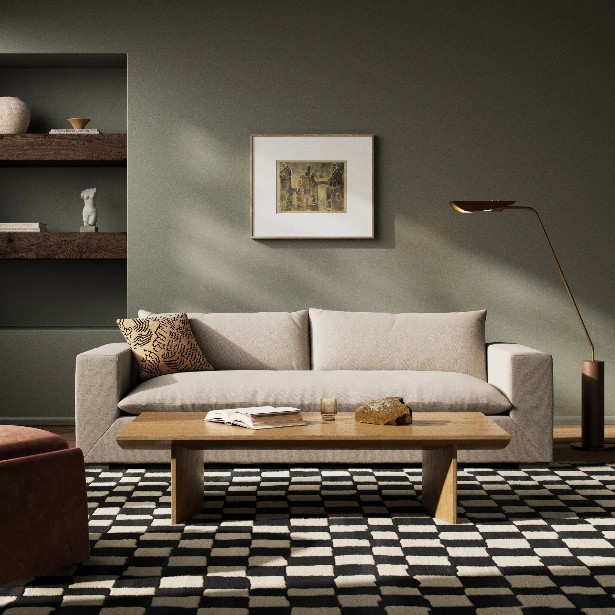 Welcome to the modern lounging essential. A timeless track arm sofa is upholstered in a neutral oatmeal performance fabric and finished with wooden block legs. Performance fabrics are specially created to withstand spills, stains, high traffic and wear, ensuring long-term comfort and unmatched durability Amethyst Home provides interior design, new home construction design consulting, vintage area rugs, and lighting in the Austin metro area.