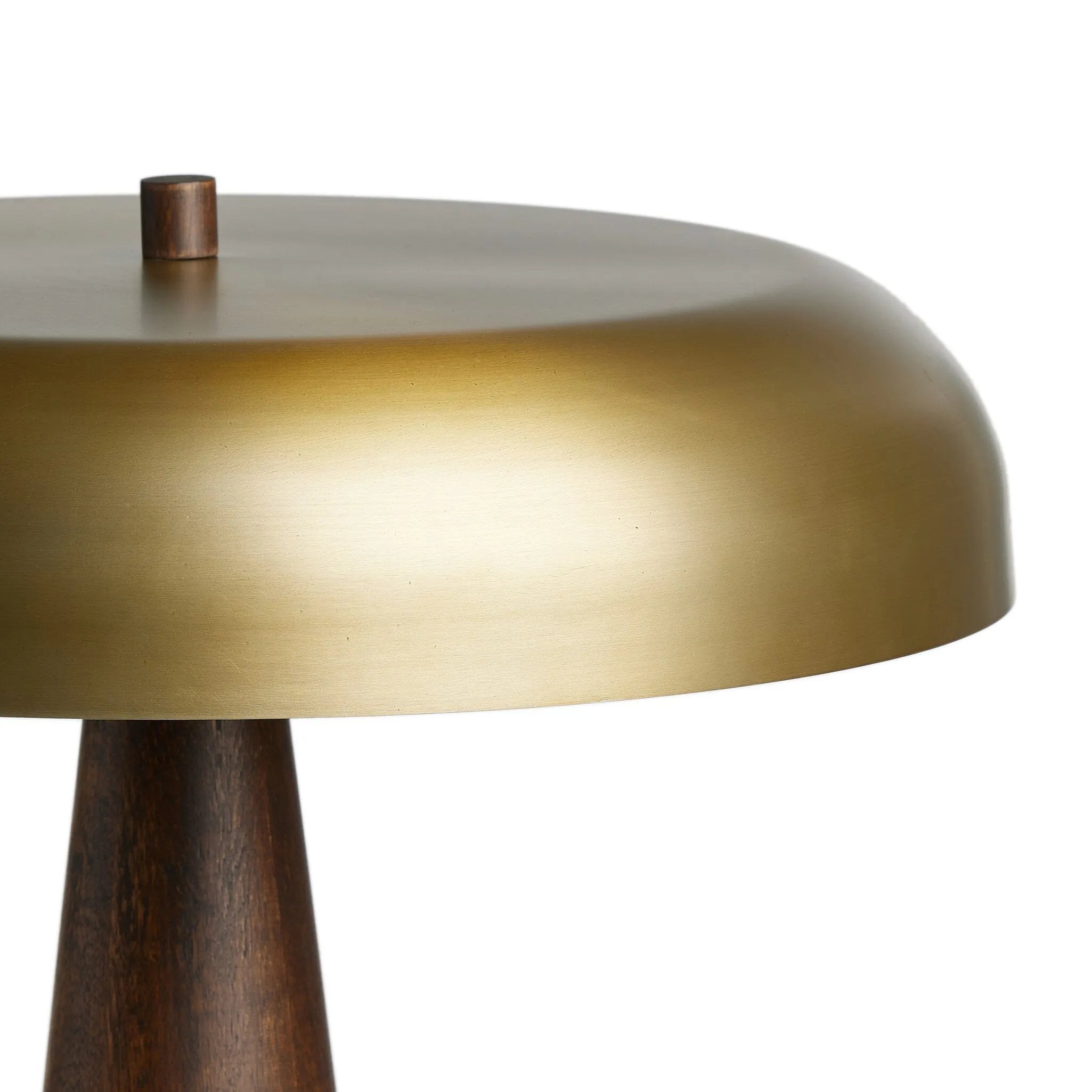 Featuring Griffin Russet Mango Table Lamp by Four Hands at Amethyst Home. A stylish nod to midcentury mushroom lamps, this beautifully scaled wooden lamp features a gleaming metal shade finished in aged brass. It's topped with a small wood finial to complete the look.Overall Dimensions: 20.00"w x 20.00"d x 22.75"hWeight : 15.78 lbsMaterials : Solid Mango, I. Amethyst Home provides interior design, new home construction design consulting, vintage area rugs, and lighting in the Nashville metro area.