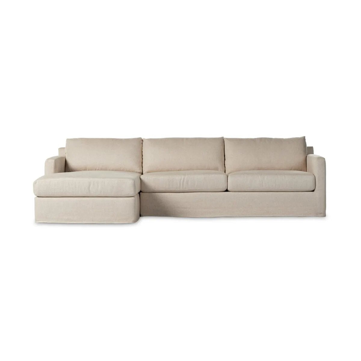 Featuring Hampton Evere Creme 2-Piece Left Chaise Slipcover Sectional by Four Hands at Amethyst Home. Proudly built by American makers using US-sourced materials and mechanisms. This slipcovered sectional features clean track arms for a classic, traditional look, PFAS-free performance fabric, and feather filling for a plush sit. Slipcovered styles are full. Amethyst Home provides interior design, new home construction design consulting, vintage area rugs, and lighting in the Scottsdale metro area.