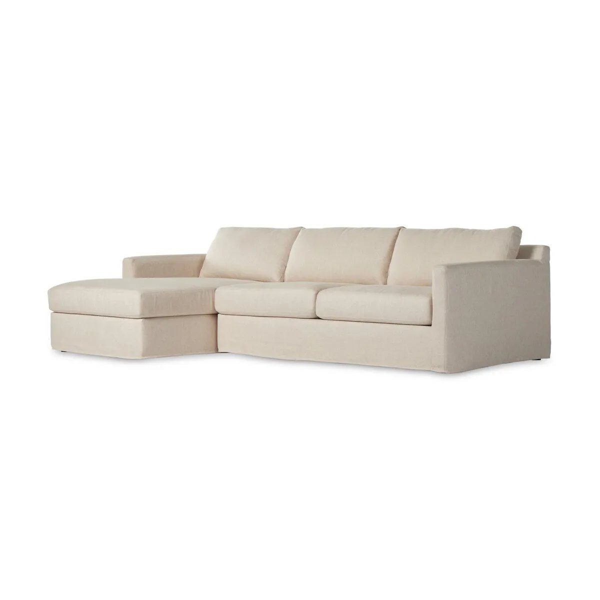 Featuring Hampton Evere Creme 2-Piece Left Chaise Slipcover Sectional by Four Hands at Amethyst Home. Proudly built by American makers using US-sourced materials and mechanisms. This slipcovered sectional features clean track arms for a classic, traditional look, PFAS-free performance fabric, and feather filling for a plush sit. Slipcovered styles are fully rem. Amethyst Home provides interior design, new home construction design consulting, vintage area rugs, and lighting in the Tampa metro area.