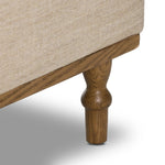 With traditional details like turned oak legs and brass casters, this low-profile accent chair features an elongated bench seat for an inviting sit. Performance fabric in neutral wheat finishes a knife-edge back and boxed arm cushions Amethyst Home provides interior design, new home construction design consulting, vintage area rugs, and lighting in the Boston metro area.