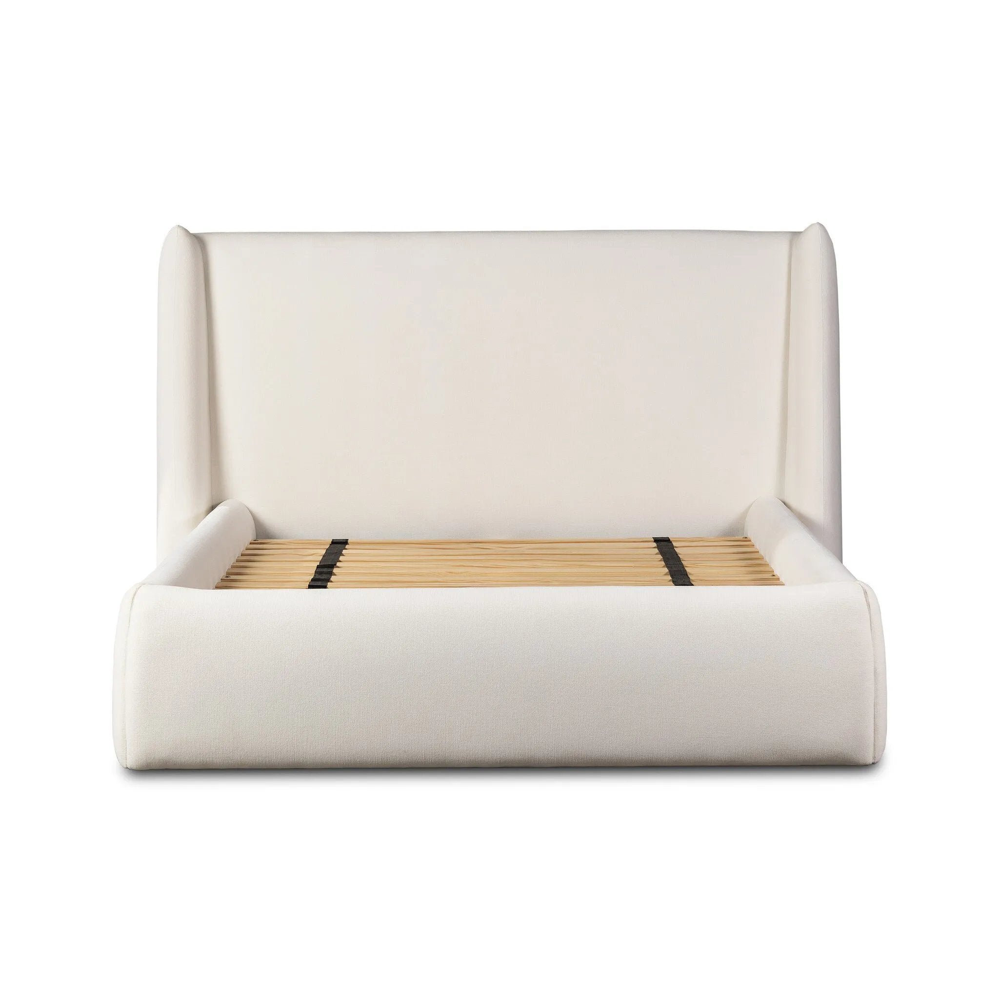 Angled wings anchor the sides of this reimagined shelter bed, grounding an upholstered bed frame. Off-white Crypton® performance fabric covers all-around cushioning. Crypton® performance fabric is specially engineered for protection against stains, moisture and odor Amethyst Home provides interior design, new home construction design consulting, vintage area rugs, and lighting in the Alpharetta metro area.