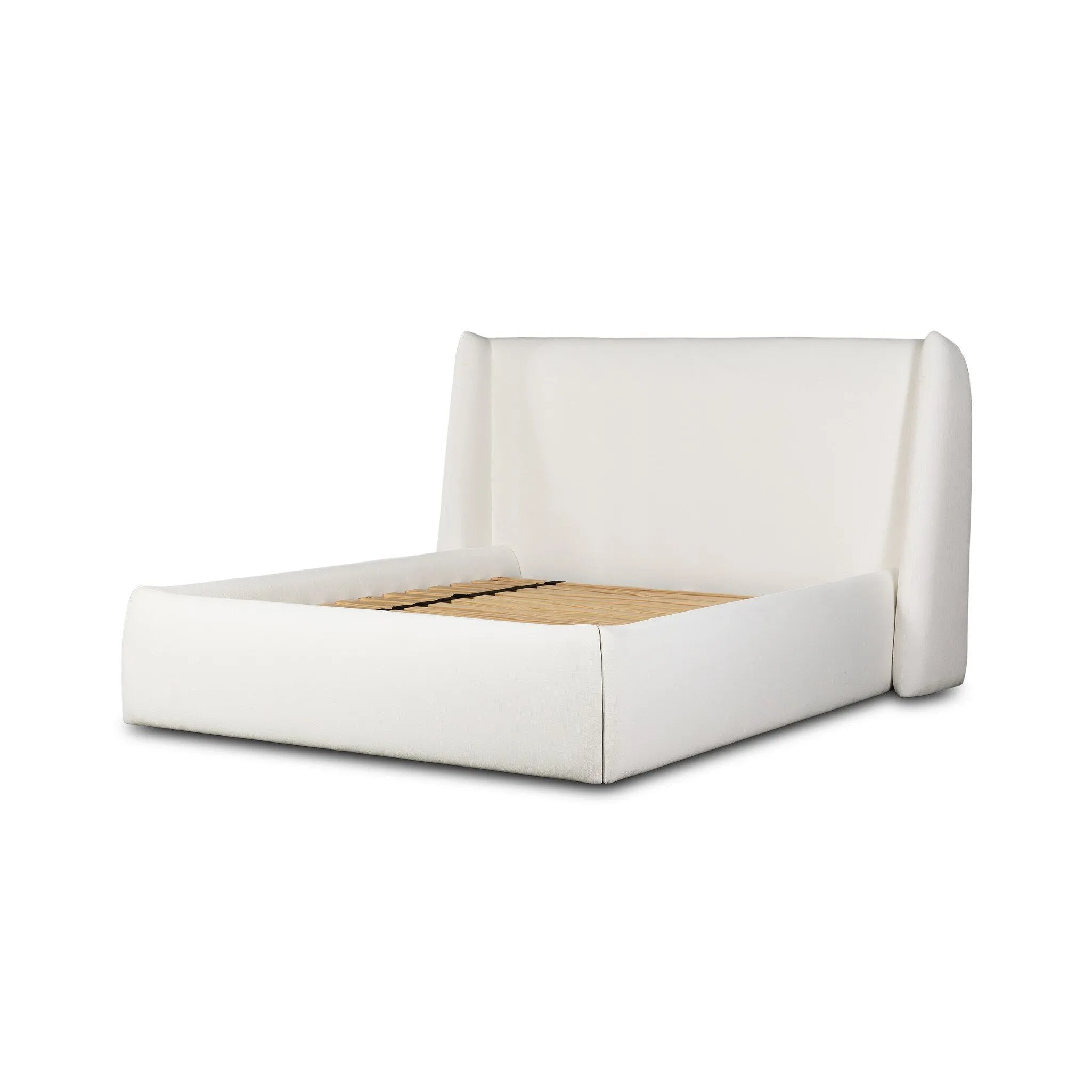 Angled wings anchor the sides of this reimagined shelter bed, grounding an upholstered bed frame. Off-white Crypton® performance fabric covers all-around cushioning. Crypton® performance fabric is specially engineered for protection against stains, moisture and odor Amethyst Home provides interior design, new home construction design consulting, vintage area rugs, and lighting in the Miami metro area.