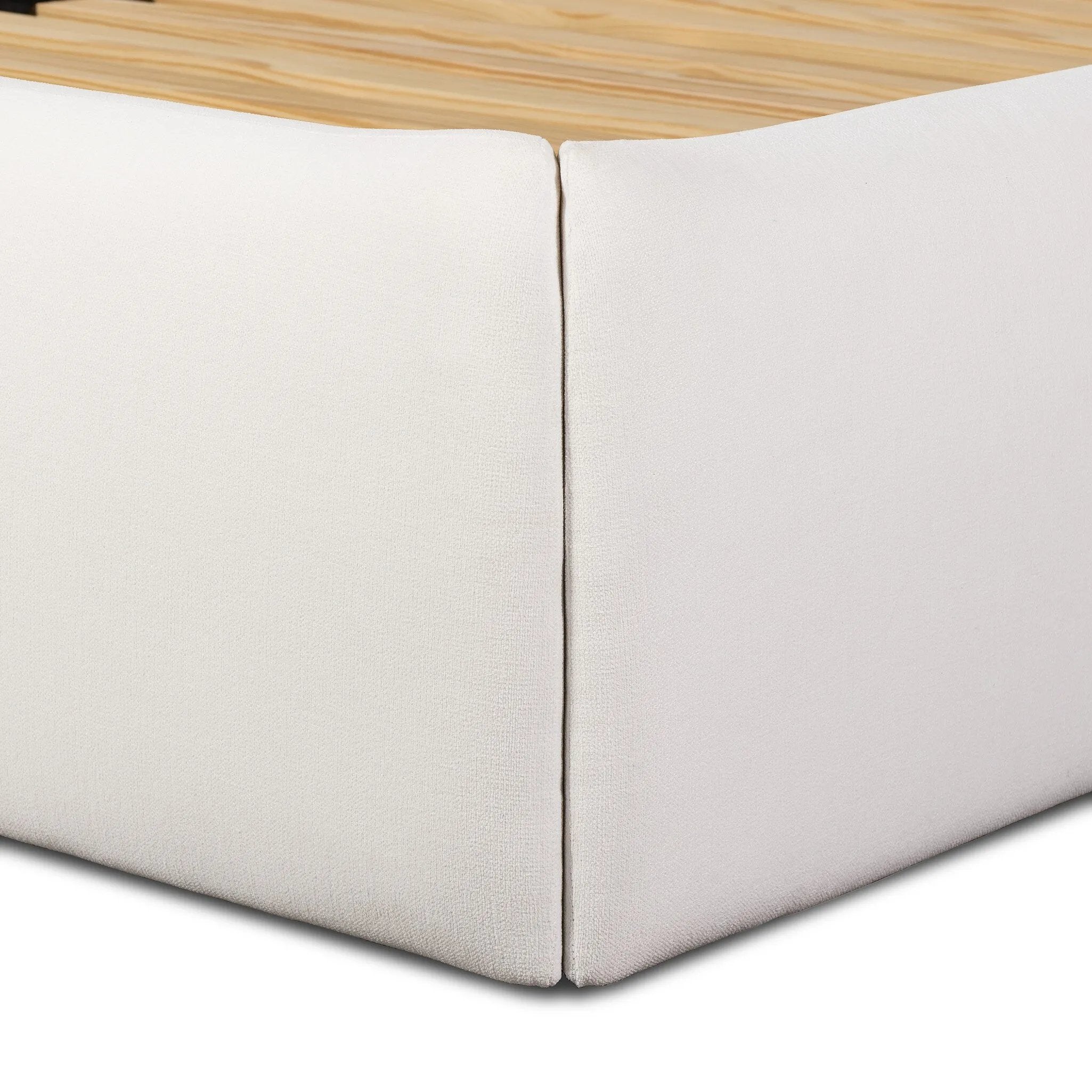 Angled wings anchor the sides of this reimagined shelter bed, grounding an upholstered bed frame. Off-white Crypton® performance fabric covers all-around cushioning. Crypton® performance fabric is specially engineered for protection against stains, moisture and odor Amethyst Home provides interior design, new home construction design consulting, vintage area rugs, and lighting in the Newport Beach metro area.