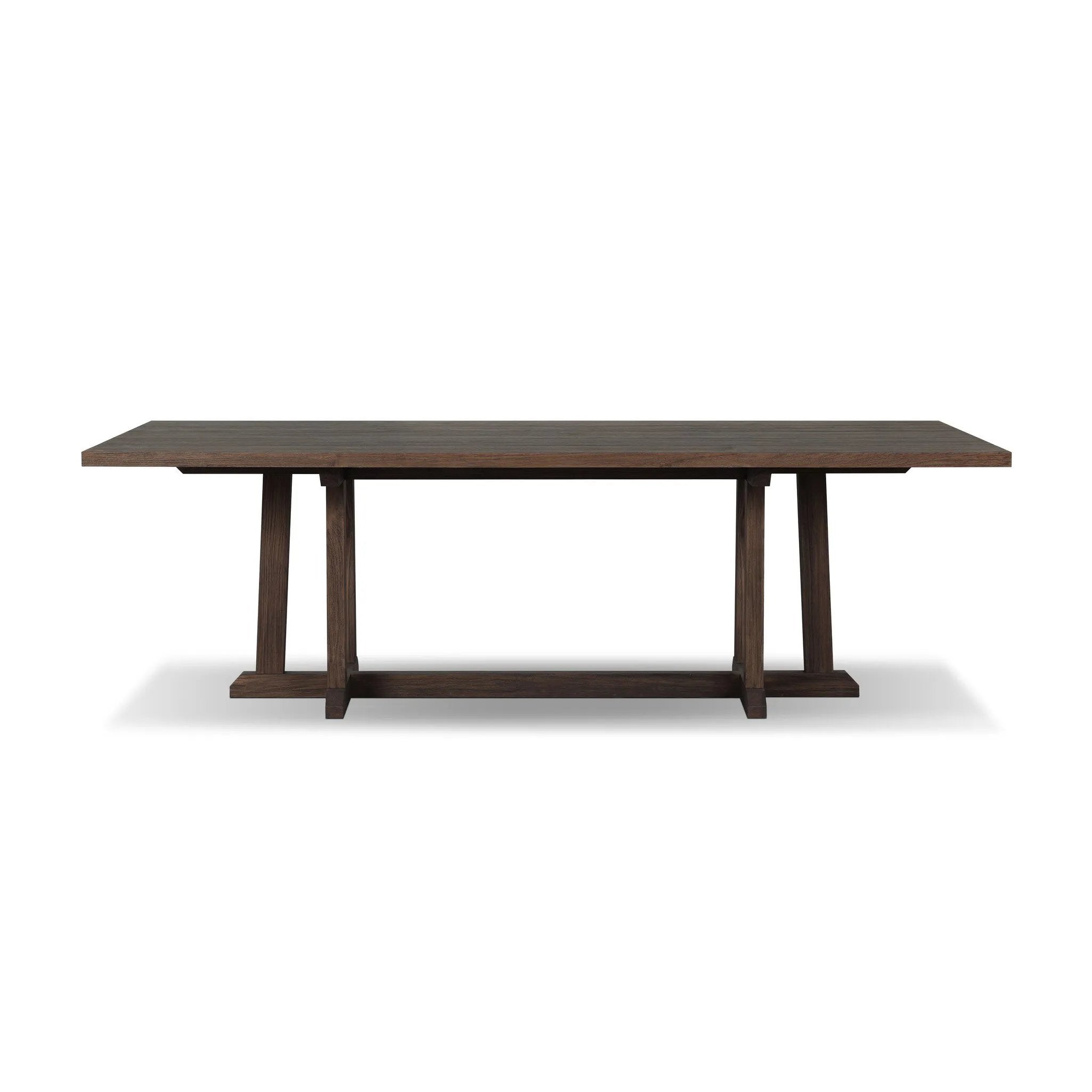 Subtly angled legs meet in a trestle-style stretcher base, pairing with a slatted top for a rustic-style outdoor dining table, also ideal for indoor spaces. Large chamfer details on the base and supports bring softness to FSC®-certified teak. Cover or store inside during inclement weather and when not in use Amethyst Home provides interior design, new home construction design consulting, vintage area rugs, and lighting in the Charlotte metro area.