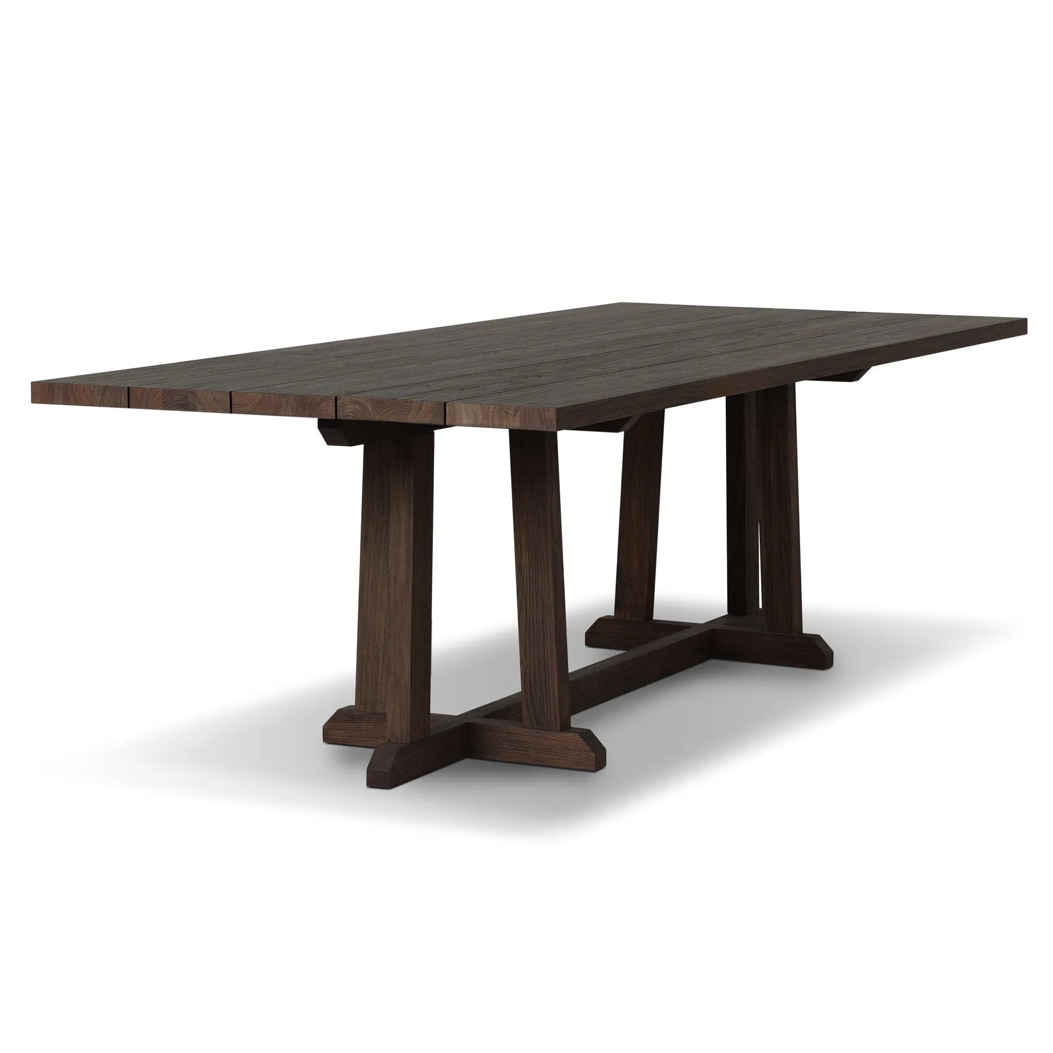 Subtly angled legs meet in a trestle-style stretcher base, pairing with a slatted top for a rustic-style outdoor dining table, also ideal for indoor spaces. Large chamfer details on the base and supports bring softness to FSC®-certified teak. Cover or store inside during inclement weather and when not in use Amethyst Home provides interior design, new home construction design consulting, vintage area rugs, and lighting in the Seattle metro area.