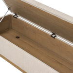 Wrapped in textural cream performance fabric, this spacious trunk doubles as seating at the foot of the bed — or anywhere. Store extra blankets, linens and more. Crafted from oak, the frame and tapered legs with Deco vibes are finished in a worn oak finish. Amethyst Home provides interior design, new home construction design consulting, vintage area rugs, and lighting in the Newport Beach metro area.