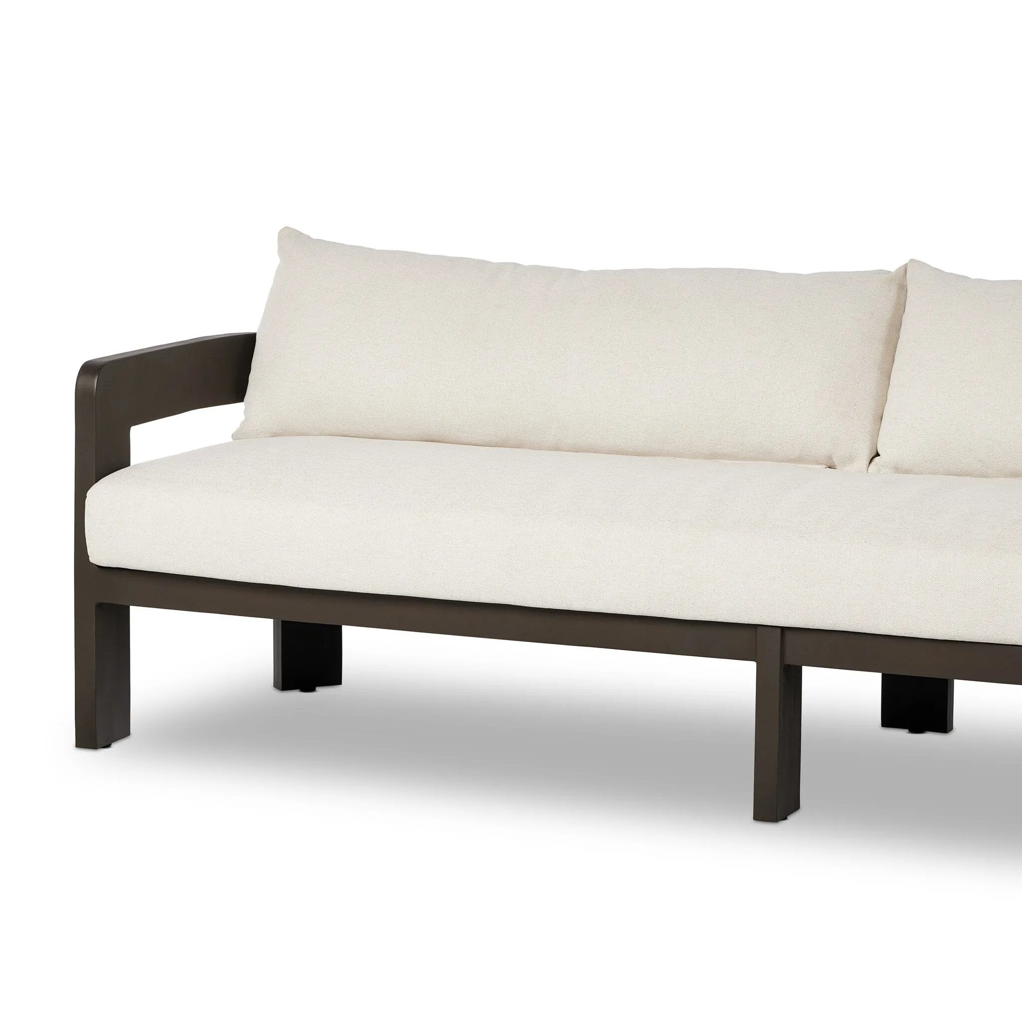 Featuring Jackson Alessi Linen Outdoor Metal Sofa by Four Hands at Amethyst Home. Expertly crafted sofa designed to elevate your outdoor space. Made with durable and high-quality linen fabric, this sofa is built to withstand the elements and provide comfort for years to come. Create a stylish and inviting outdoor oasis with the Jackson Alessi Linen Out. Amethyst Home provides interior design, new home construction design consulting, vintage area rugs, and lighting in the Salt Lake City metro area.