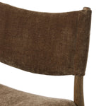 A midcentury-inspired piece brought to modern times. A supportive, sling-style back and seat cushion are upholstered in a soft, velvety fabric, with toasted oak armless framing Amethyst Home provides interior design, new home construction design consulting, vintage area rugs, and lighting in the Des Moines metro area.
