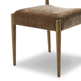A midcentury-inspired piece brought to modern times. A supportive, sling-style back and seat cushion are upholstered in a soft, velvety fabric, with toasted oak armless framing Amethyst Home provides interior design, new home construction design consulting, vintage area rugs, and lighting in the Salt Lake City metro area.