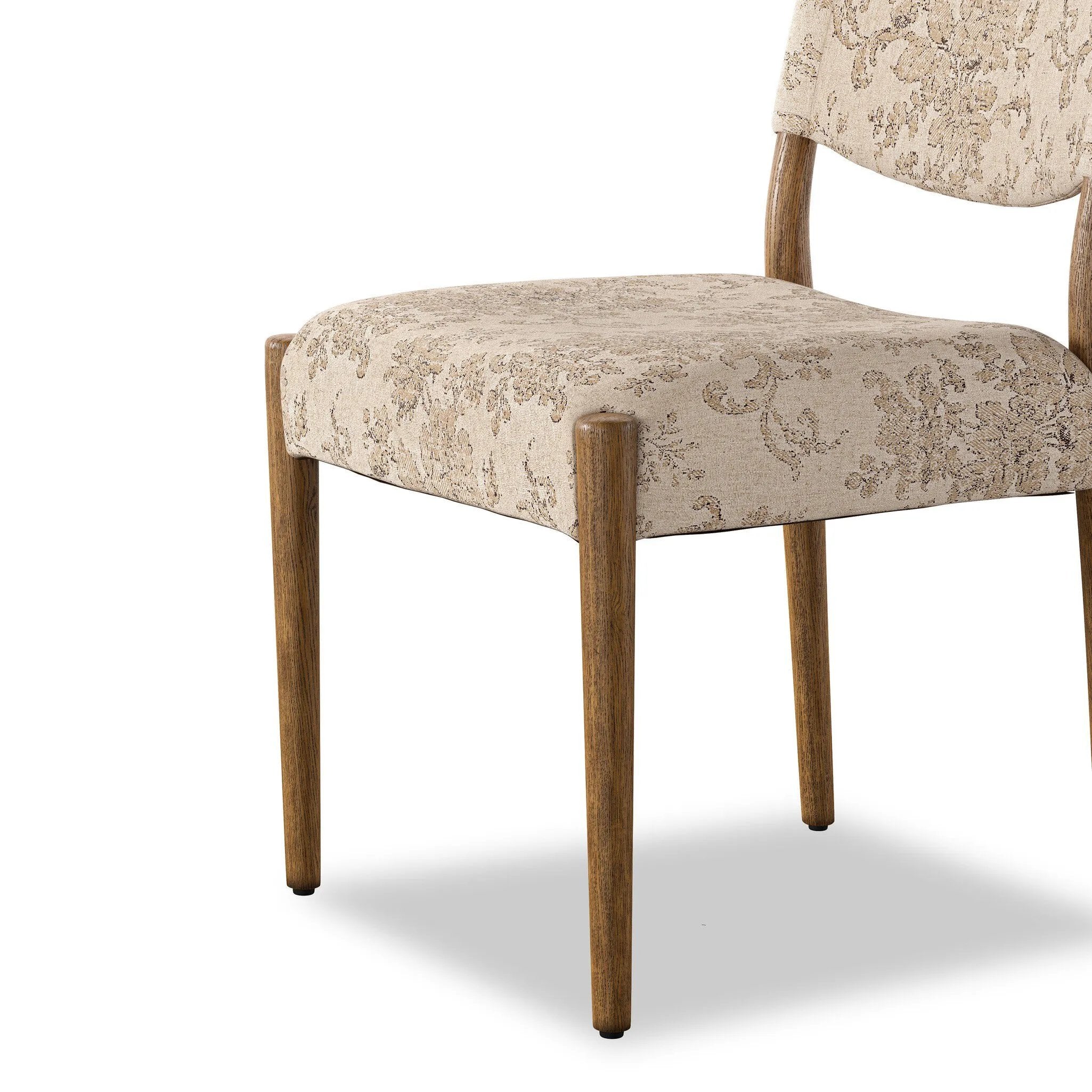 A midcentury-inspired piece brought to modern times. A supportive, sling-style back and seat cushion are upholstered in a soft, velvety fabric, with toasted oak armless framing Amethyst Home provides interior design, new home construction design consulting, vintage area rugs, and lighting in the Miami metro area.