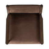 A midcentury-inspired piece brought to modern speed. A supportive, sling-style back and seat cushion are upholstered in a soft, velvety fabric, with toasted oak arms prime for the head of the table Amethyst Home provides interior design, new home construction design consulting, vintage area rugs, and lighting in the Laguna Beach metro area.