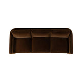 Float-style this unique sofa in a room to show off design details like sleek lines and rear cutouts. Designed with S spring construction, foam and fiber seat cushioning and loose feather-blend back cushions. Upholstered in a soft, velvety cotton in a rich chocolate brown Amethyst Home provides interior design, new home construction design consulting, vintage area rugs, and lighting in the Austin metro area.