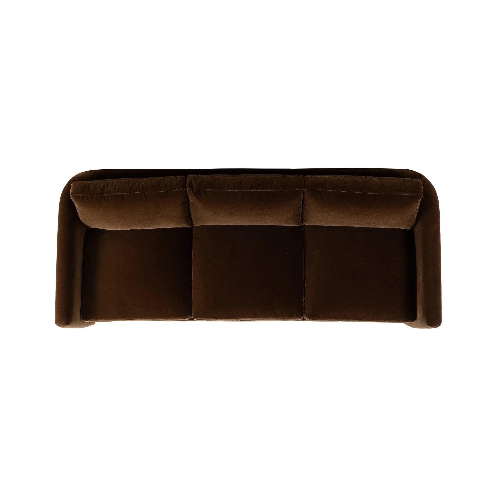 Float-style this unique sofa in a room to show off design details like sleek lines and rear cutouts. Designed with S spring construction, foam and fiber seat cushioning and loose feather-blend back cushions. Upholstered in a soft, velvety cotton in a rich chocolate brown Amethyst Home provides interior design, new home construction design consulting, vintage area rugs, and lighting in the Austin metro area.