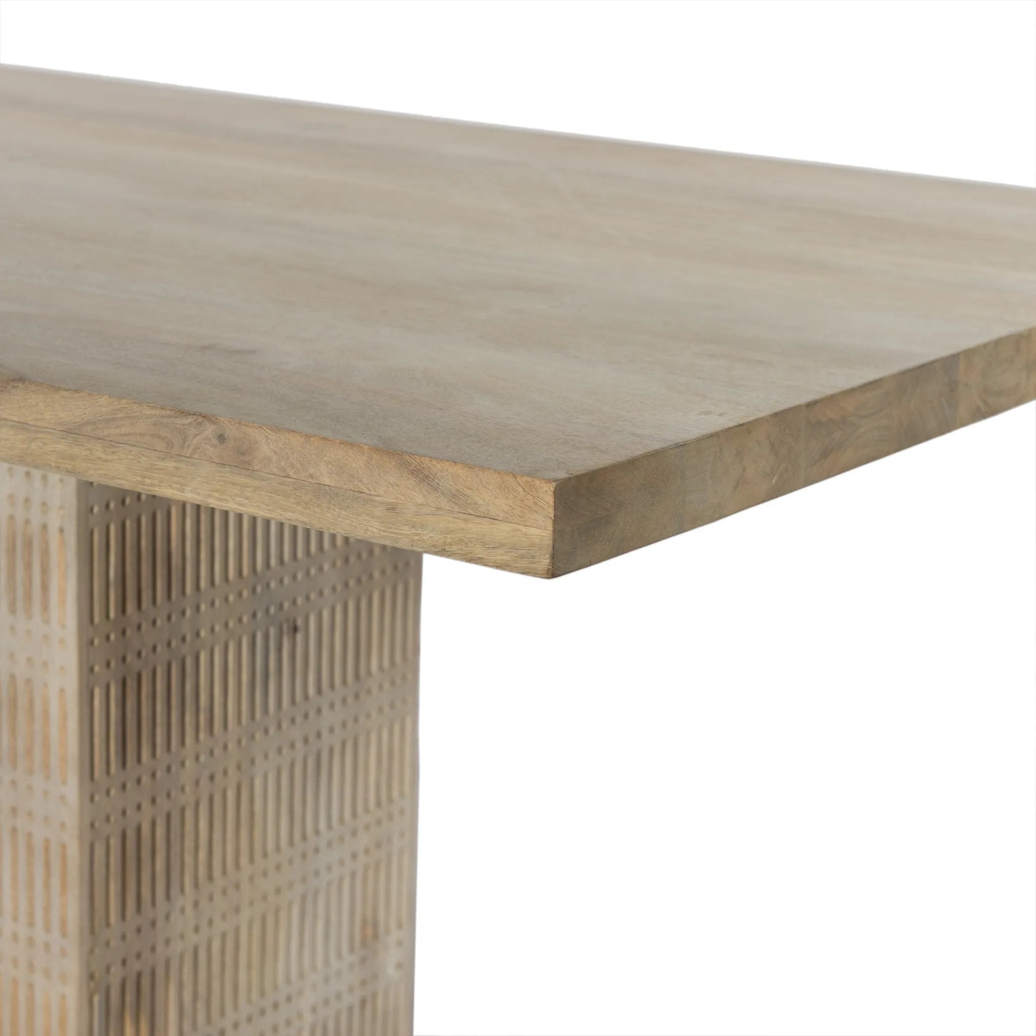 Unique linear carving with an artisan slant. Mango wood is finished in a light wash, highlighting texture and craftsmanship alike. Seats eight comfortably Amethyst Home provides interior design, new home construction design consulting, vintage area rugs, and lighting in the Scottsdale metro area.