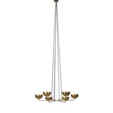 Six brass discs float on gently curved arms, suspended by adjustable black fabric cords that become an integral part of the design. The piece invites customization, allowing you to set the perfect length for your space. The bulbs nestle discreetly within each disc, creating a warm, diffused glow. G16.5 bulbs recommended Amethyst Home provides interior design, new home construction design consulting, vintage area rugs, and lighting in the Des Moines metro area.