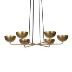 Six brass discs float on gently curved arms, suspended by adjustable black fabric cords that become an integral part of the design. The piece invites customization, allowing you to set the perfect length for your space. The bulbs nestle discreetly within each disc, creating a warm, diffused glow. G16.5 bulbs recommended Amethyst Home provides interior design, new home construction design consulting, vintage area rugs, and lighting in the Washington metro area.