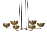 Six brass discs float on gently curved arms, suspended by adjustable black fabric cords that become an integral part of the design. The piece invites customization, allowing you to set the perfect length for your space. The bulbs nestle discreetly within each disc, creating a warm, diffused glow. G16.5 bulbs recommended Amethyst Home provides interior design, new home construction design consulting, vintage area rugs, and lighting in the Washington metro area.