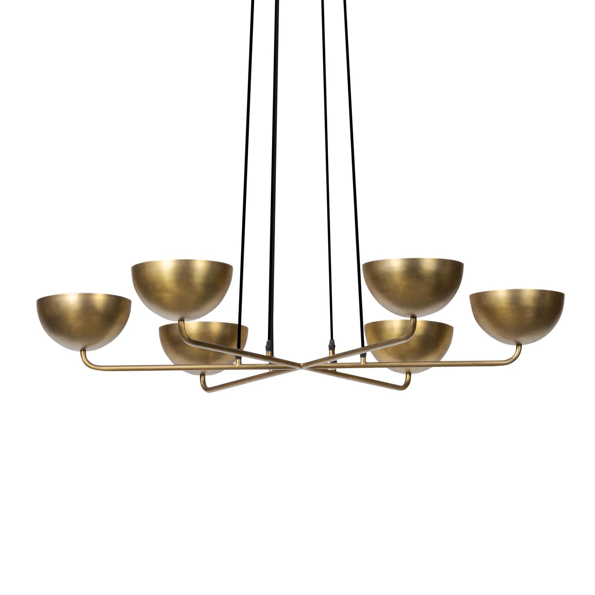 Six brass discs float on gently curved arms, suspended by adjustable black fabric cords that become an integral part of the design. The piece invites customization, allowing you to set the perfect length for your space. The bulbs nestle discreetly within each disc, creating a warm, diffused glow. G16.5 bulbs recommended Amethyst Home provides interior design, new home construction design consulting, vintage area rugs, and lighting in the Washington metro area.