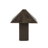 Burnished brass iron in a pyramid shape gives an industrial feel to this lamp's dark green canvas base with softened corners Amethyst Home provides interior design, new home construction design consulting, vintage area rugs, and lighting in the Charlotte metro area.