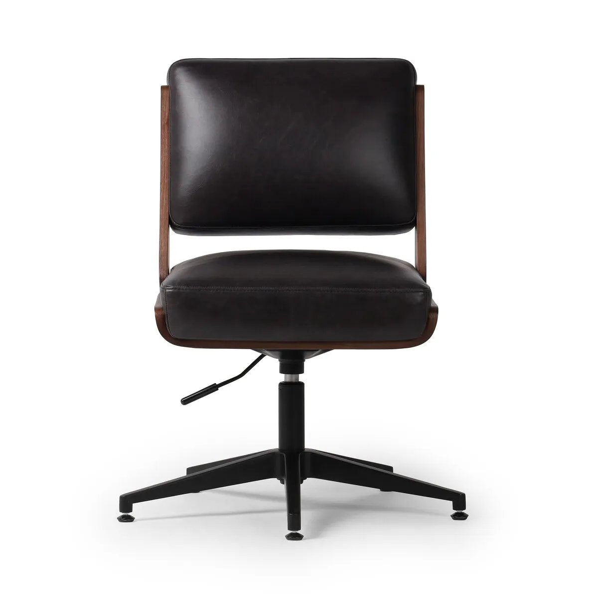 Featuring Landon Sonoma Black Armless Desk Chair by Four Hands at Amethyst Home. A nod to midcentury design, a molded wood frame veneered in rich walnut is paired with black top-grain leather cushions for maximum comfort. Height adjustable and 360-degree swivel function for ease in the workplace.
Overall Dimensions: 26.75" L x 20.5 " W x 34.0" H
Materials:. Amethyst Home provides interior design, new home construction design consulting, vintage area rugs, and lighting in the Alpharetta metro area.