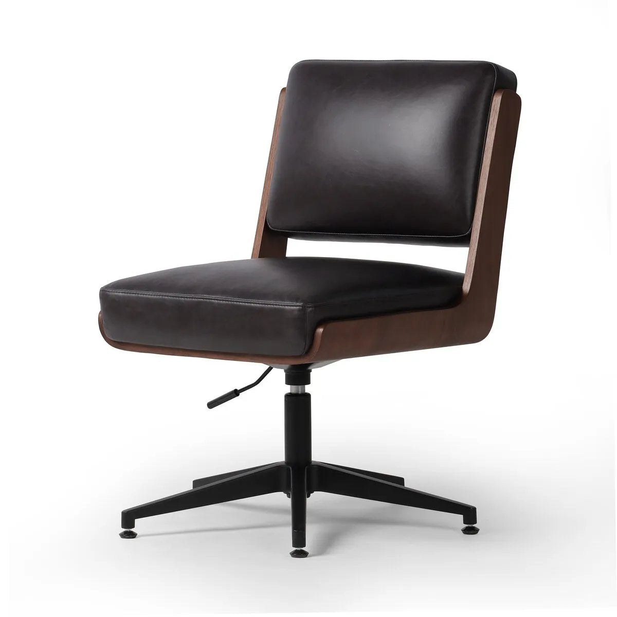 Featuring Landon Sonoma Black Armless Desk Chair by Four Hands at Amethyst Home. A nod to midcentury design, a molded wood frame veneered in rich walnut is paired with black top-grain leather cushions for maximum comfort. Height adjustable and 360-degree swivel function for ease in the workplace.
Overall Dimensions: 26.75" L x 20.5 " W x 34.0" H
Materials: Top. Amethyst Home provides interior design, new home construction design consulting, vintage area rugs, and lighting in the Austin metro area.