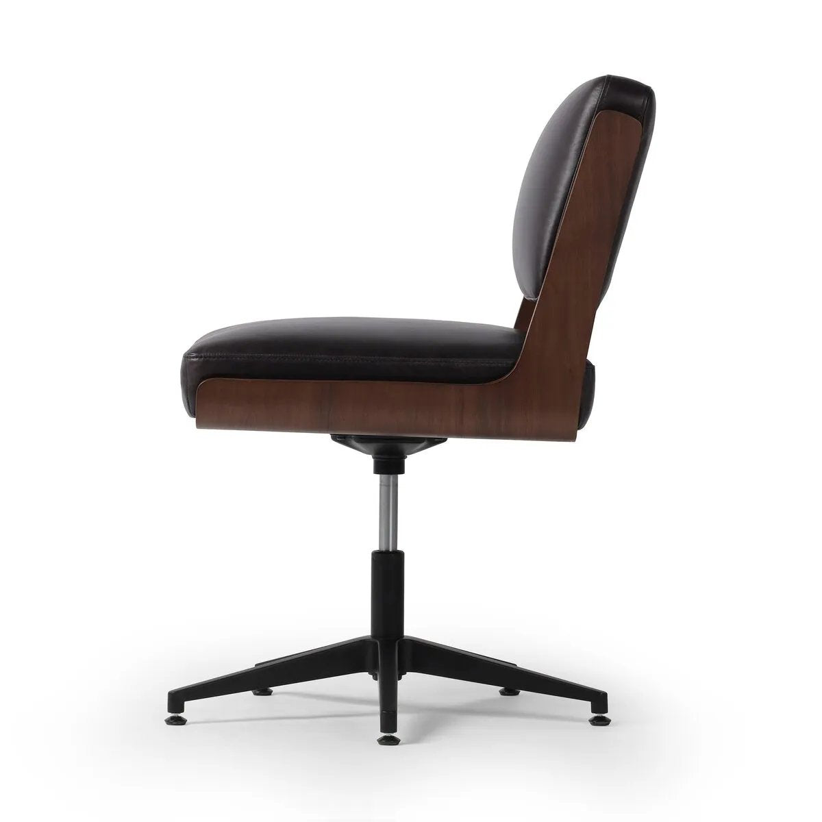 Featuring Landon Sonoma Black Armless Desk Chair by Four Hands at Amethyst Home. A nod to midcentury design, a molded wood frame veneered in rich walnut is paired with black top-grain leather cushions for maximum comfort. Height adjustable and 360-degree swivel function for ease in the workplace.
Overall Dimensions: 26.75" L x 20.5 " W x 34.0" H
Materials: To. Amethyst Home provides interior design, new home construction design consulting, vintage area rugs, and lighting in the Houston metro area.