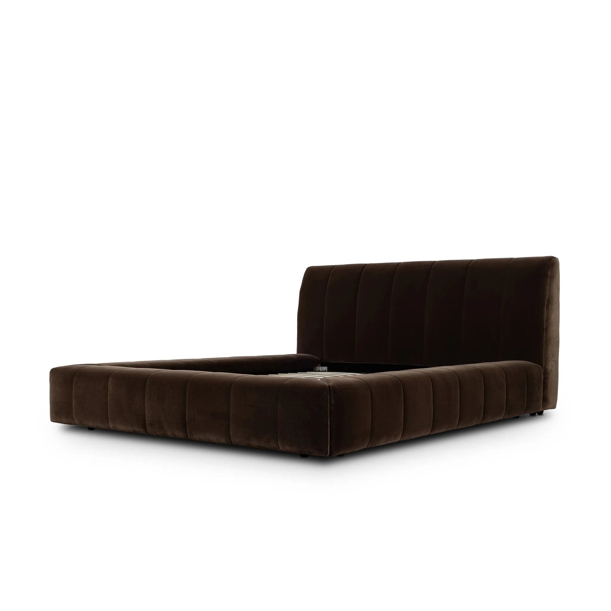 Wide, vertical channeling and low styling speak to the modish Italian influence of this softly textured bed upholstered in cream high-performance fabric. Performance fabrics are specially created to withstand spills, stains, high traffic and wear, ensuring long-term comfort and unmatched durability Amethyst Home provides interior design, new home construction design consulting, vintage area rugs, and lighting in the Boston metro area.