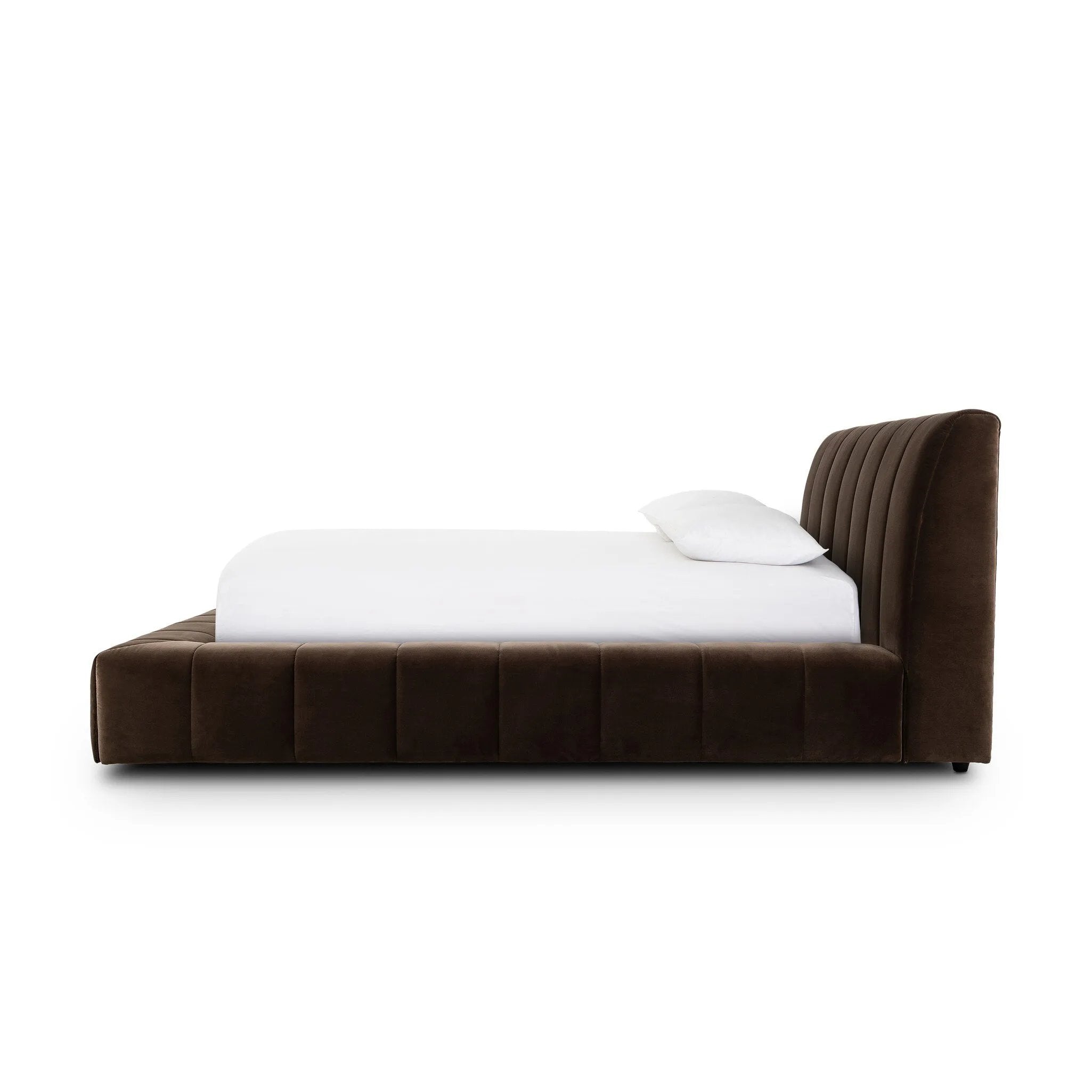 Wide, vertical channeling and low styling speak to the modish Italian influence of this softly textured bed upholstered in cream high-performance fabric. Performance fabrics are specially created to withstand spills, stains, high traffic and wear, ensuring long-term comfort and unmatched durability Amethyst Home provides interior design, new home construction design consulting, vintage area rugs, and lighting in the Park City metro area.