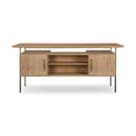 Featuring Lauren Natural Resawn Oak Desk by Four Hands at Amethyst Home. Made from solid oak and reclaimed peroba, a legal-style desk offers major storage with dual cabinetry, including file storage for legal and letter-size documents. A floating top and iron legs keep the look modern and light. This piece is designed in collaboration with Thomas Bina. Four Ha. Amethyst Home provides interior design, new home construction design consulting, vintage area rugs, and lighting in the Austin metro area.