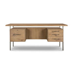 Featuring Lauren Natural Resawn Oak Desk by Four Hands at Amethyst Home. Made from solid oak and reclaimed peroba, a legal-style desk offers major storage with dual cabinetry, including file storage for legal and letter-size documents. A floating top and iron legs keep the look modern and light. This piece is designed in collaboration with Thomas Bina.. Amethyst Home provides interior design, new home construction design consulting, vintage area rugs, and lighting in the Salt Lake City metro area.