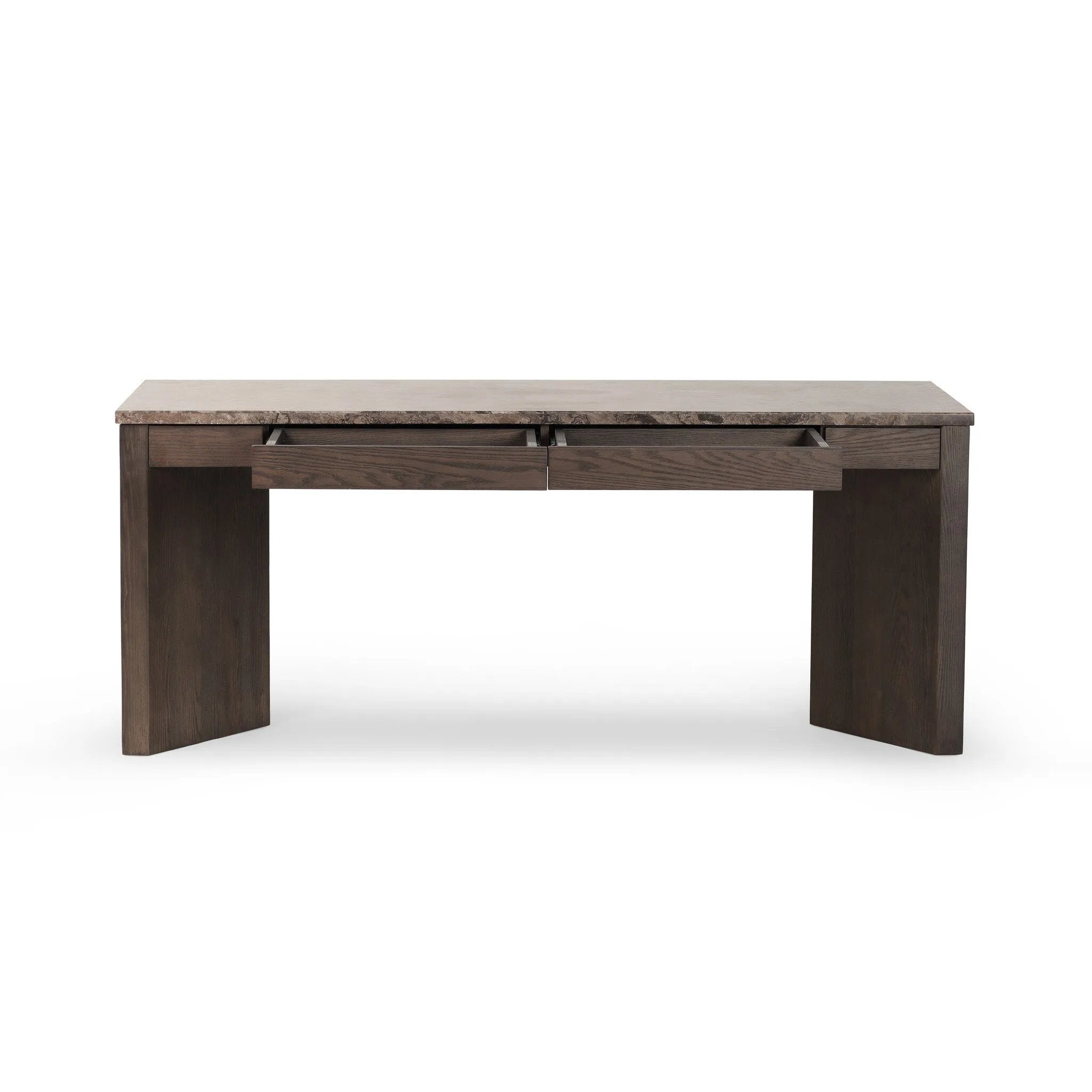 Featuring Lawson Brown Oak Veneer Desk by Four Hands at Amethyst Home. The traditional writing desk, elevated with mixed materials. Vein-rich marble tops an angular brown oak base, with two pencil drawers for storage. Overall Dimensions: 73.50"w x 28.00"d x 30.00"h. Amethyst Home provides interior design, new home construction design consulting, vintage area rugs, and lighting in the Kansas City metro area.