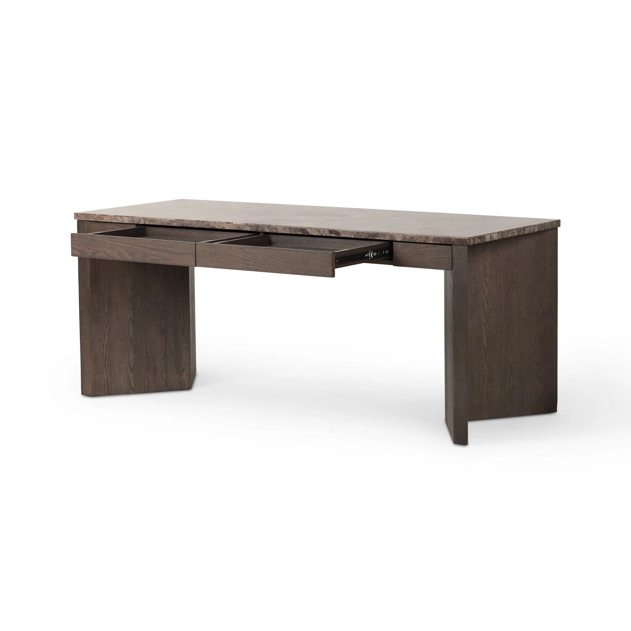 Featuring Lawson Brown Oak Veneer Desk by Four Hands at Amethyst Home. The traditional writing desk, elevated with mixed materials. Vein-rich marble tops an angular brown oak base, with two pencil drawers for storage. Overall Dimensions: 73.50"w x 28.00"d x 30.00"h. Amethyst Home provides interior design, new home construction design consulting, vintage area rugs, and lighting in the Portland metro area.