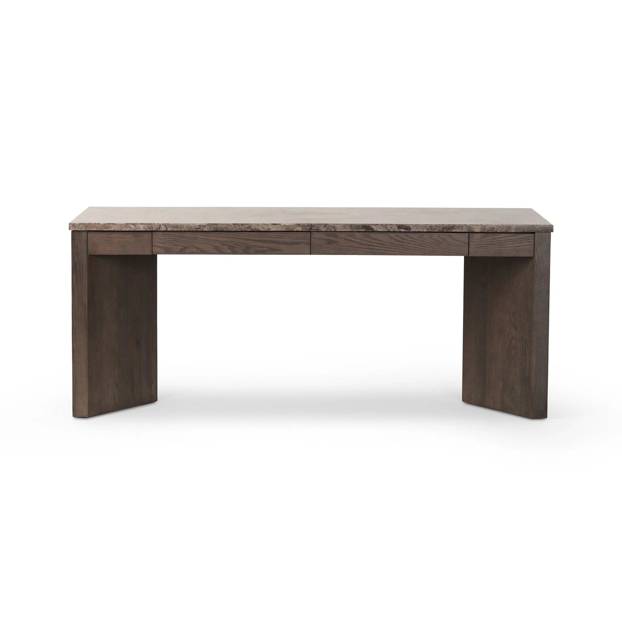 Featuring Lawson Brown Oak Veneer Desk by Four Hands at Amethyst Home. The traditional writing desk, elevated with mixed materials. Vein-rich marble tops an angular brown oak base, with two pencil drawers for storage. Overall Dimensions: 73.50"w x 28.00"d x 30.00"h. Amethyst Home provides interior design, new home construction design consulting, vintage area rugs, and lighting in the Salt Lake City metro area.