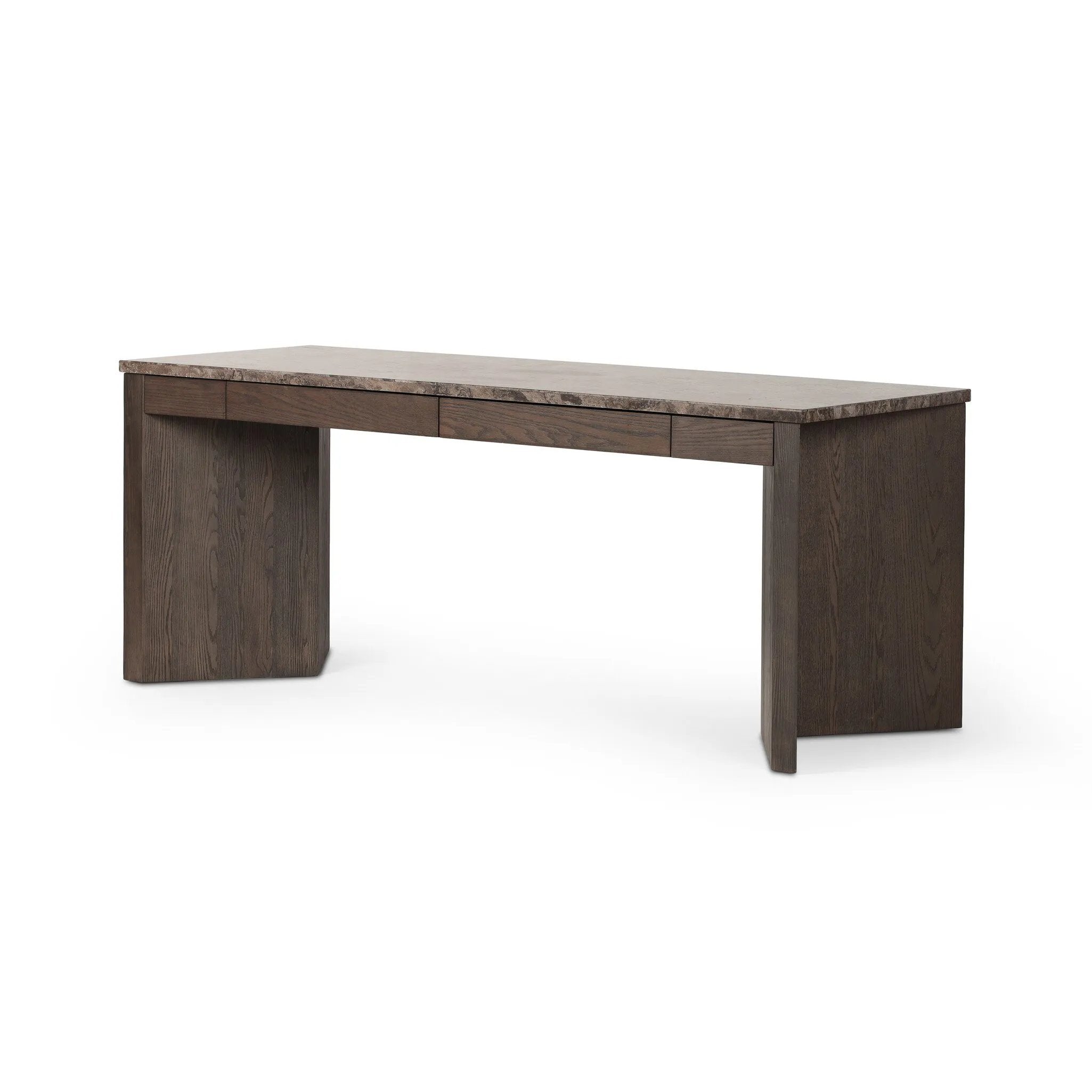 Featuring Lawson Brown Oak Veneer Desk by Four Hands at Amethyst Home. The traditional writing desk, elevated with mixed materials. Vein-rich marble tops an angular brown oak base, with two pencil drawers for storage. Overall Dimensions: 73.50"w x 28.00"d x 30.00"h. Amethyst Home provides interior design, new home construction design consulting, vintage area rugs, and lighting in the Scottsdale metro area.