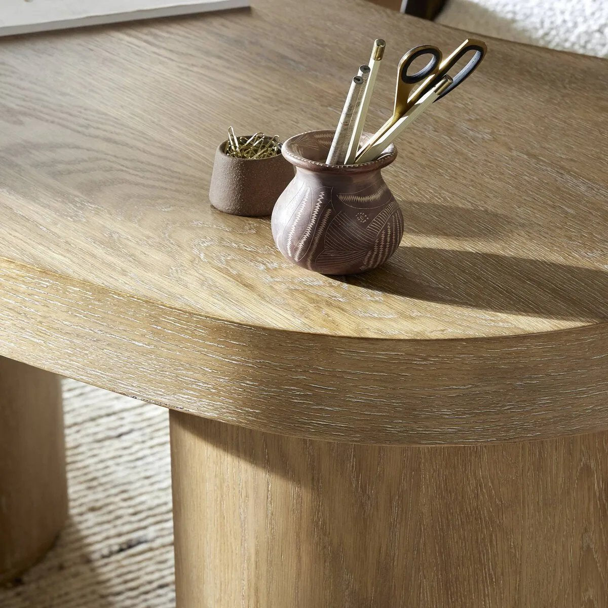 Featuring Leeds Blonde Oak Veneer Desk by Four Hands at Amethyst Home. Substantial cylindrical legs support this kidney-shaped desk crafted in light blonde oak veneer — a testament to form harmonizing with function.
Overall Dimensions: 31.5" L x 63.0 " W x 30.0" H
Materials: Oak Veneer, Poplar PlywoodWeight: 127.87 lbs. Amethyst Home provides interior design, new home construction design consulting, vintage area rugs, and lighting in the Newport Beach metro area.