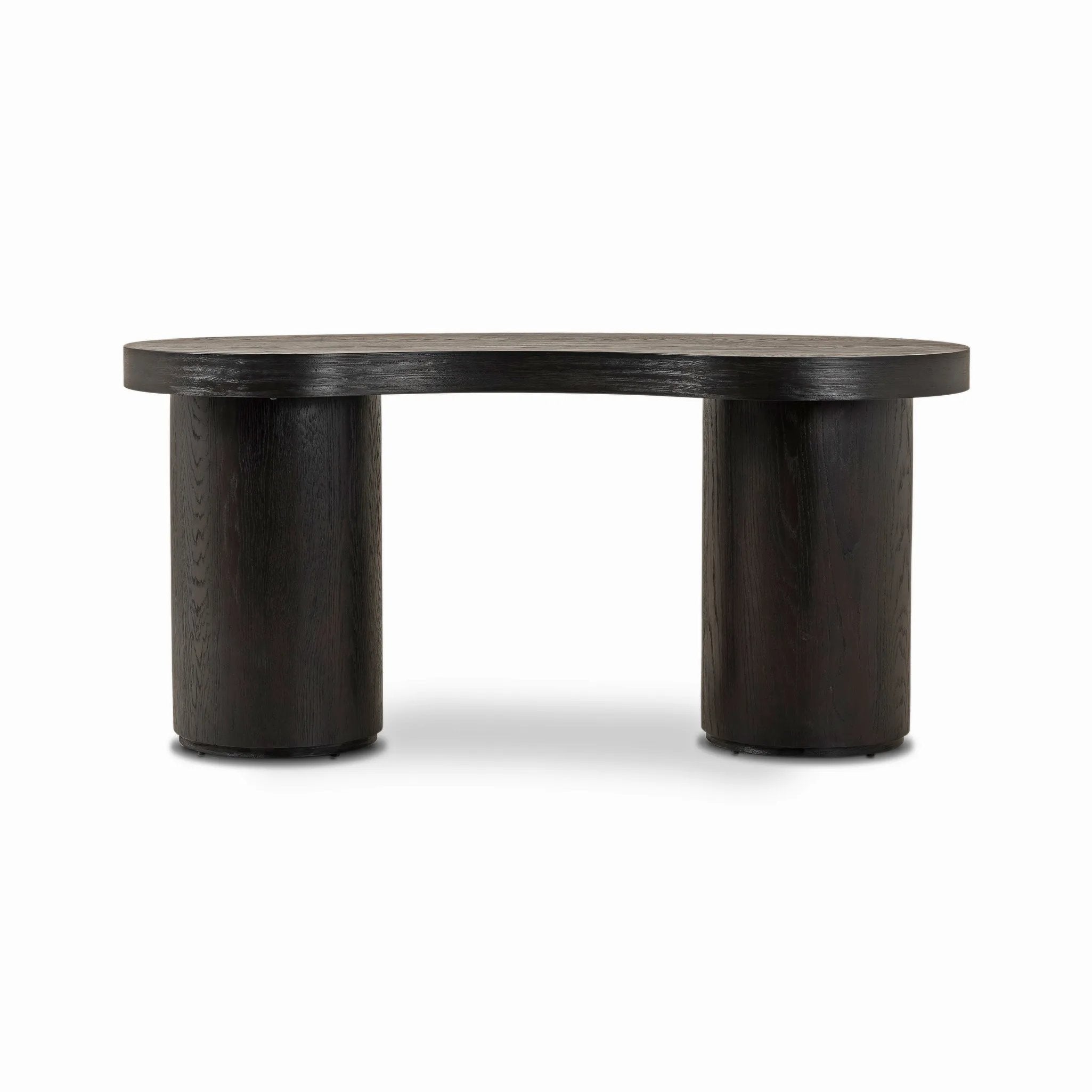 Featuring Leeds Ebony Veneer Desk by Four Hands at Amethyst Home. Substantial cylindrical legs support a kidney-shaped desk crafted in light black-finished oak veneer — a testament to form harmonizing with function.Overall Dimensions: 63.00"w x 31.50"d x 30.00"hWeight : 127.87 lbsMaterials: Oak Veneer. Amethyst Home provides interior design, new home construction design consulting, vintage area rugs, and lighting in the Park City metro area.