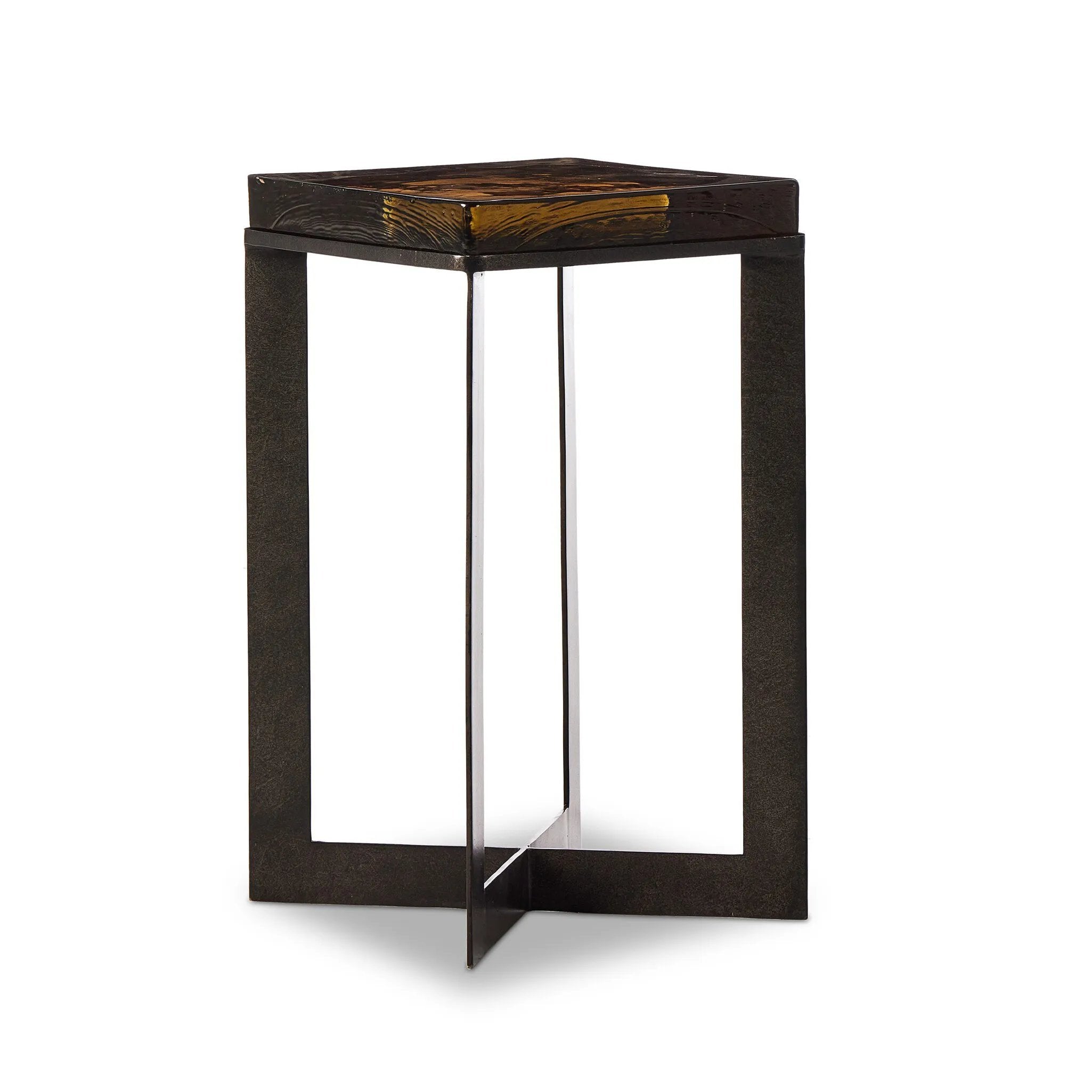 Featuring Lennie Amber Cast Glass Cast Glass End Table by Four Hands at Amethyst Home. An airy, angular base of charcoal-burnished iron supports a squared tabletop of amber cast glass, perfectly sized to keep your drink or book within reach.Overall Dimensions: 12.50"w x 12.50"d x 22.00"hWeight : 36.38 lbsMaterials : Cast Glass, Iron. Amethyst Home provides interior design, new home construction design consulting, vintage area rugs, and lighting in the Laguna Beach metro area.