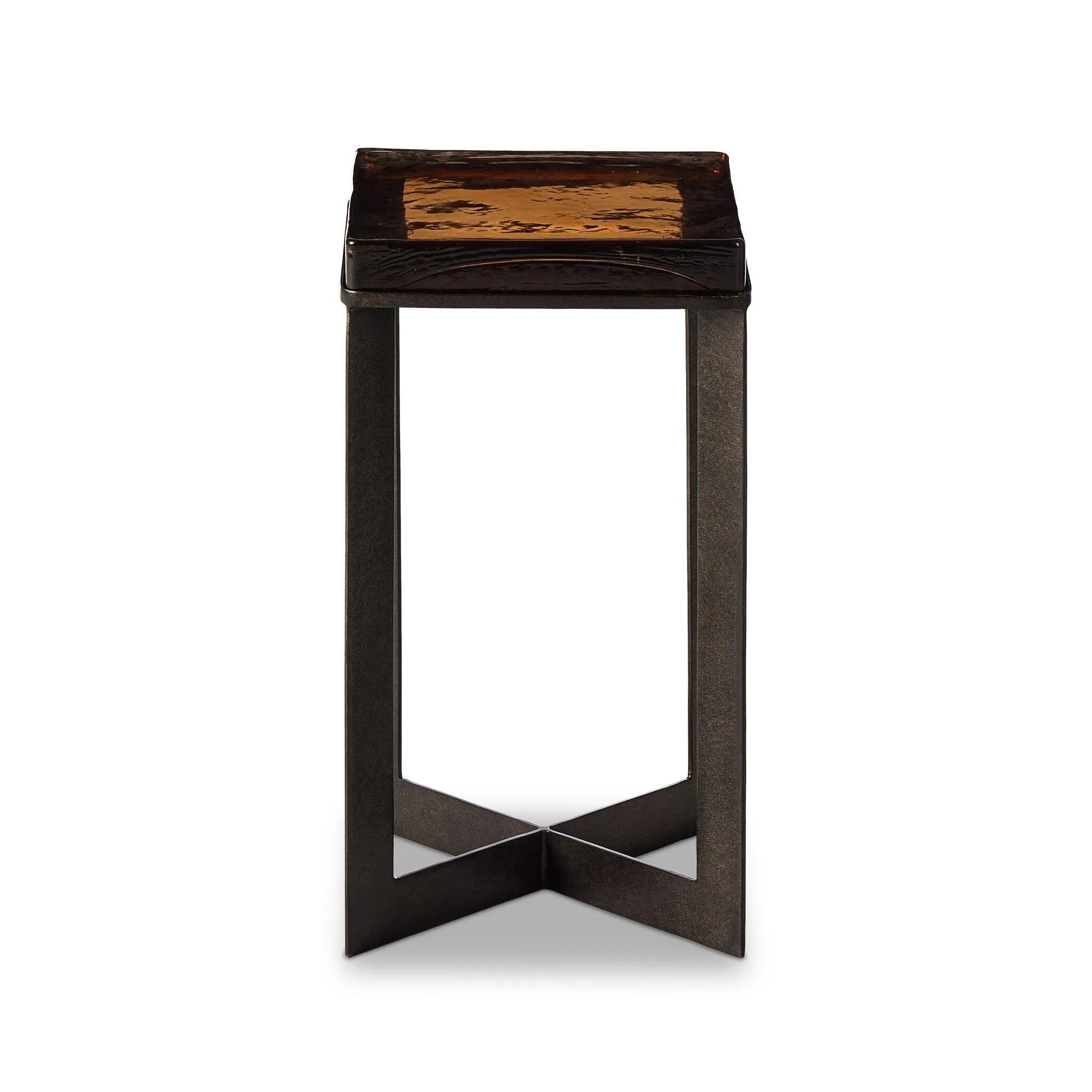 Featuring Lennie Amber Cast Glass Cast Glass End Table by Four Hands at Amethyst Home. An airy, angular base of charcoal-burnished iron supports a squared tabletop of amber cast glass, perfectly sized to keep your drink or book within reach.Overall Dimensions: 12.50"w x 12.50"d x 22.00"hWeight : 36.38 lbsMaterials : Cast Glass, Iron. Amethyst Home provides interior design, new home construction design consulting, vintage area rugs, and lighting in the Tampa metro area.