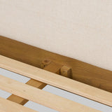 A woven, cushioned headboard in neutral cream adds texture around a floating platform base of light oak. Base features angular chamfered details, thick rails and footboard with a plinth base. Performance fabrics are specially created to withstand spills, stains, high traffic and wear, ensuring long-term comfort and unmatched durability Amethyst Home provides interior design, new home construction design consulting, vintage area rugs, and lighting in the Houston metro area.