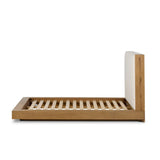 A woven, cushioned headboard in neutral cream adds texture around a floating platform base of light oak. Base features angular chamfered details, thick rails and footboard with a plinth base. Performance fabrics are specially created to withstand spills, stains, high traffic and wear, ensuring long-term comfort and unmatched durability Amethyst Home provides interior design, new home construction design consulting, vintage area rugs, and lighting in the Washington metro area.